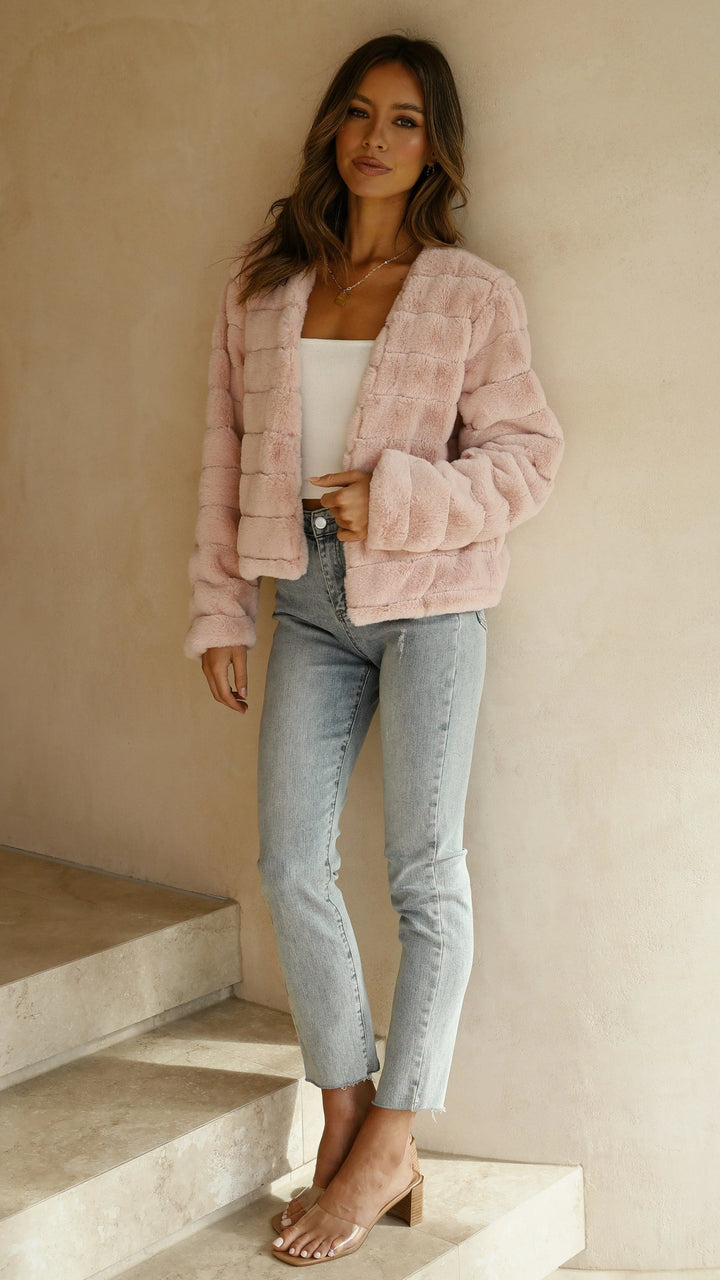 Women's Short Faux-Fur Blazer with Open Collar