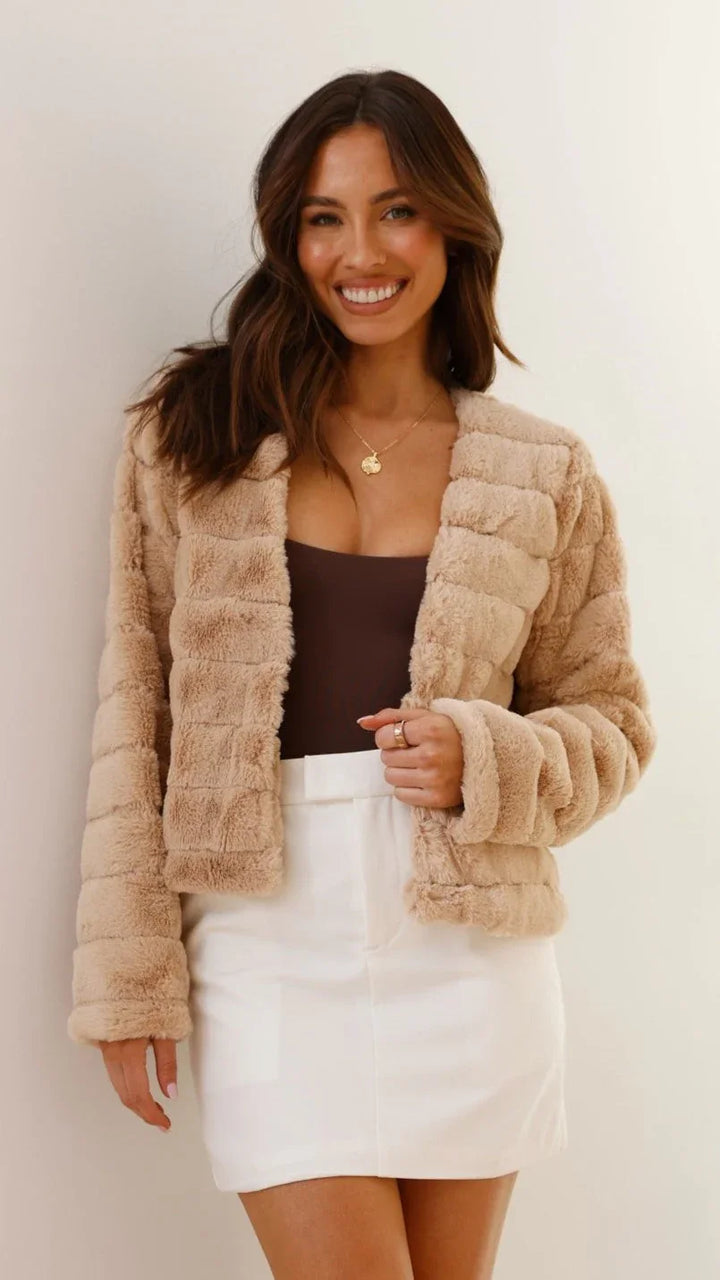 Women's Short Faux-Fur Blazer with Open Collar
