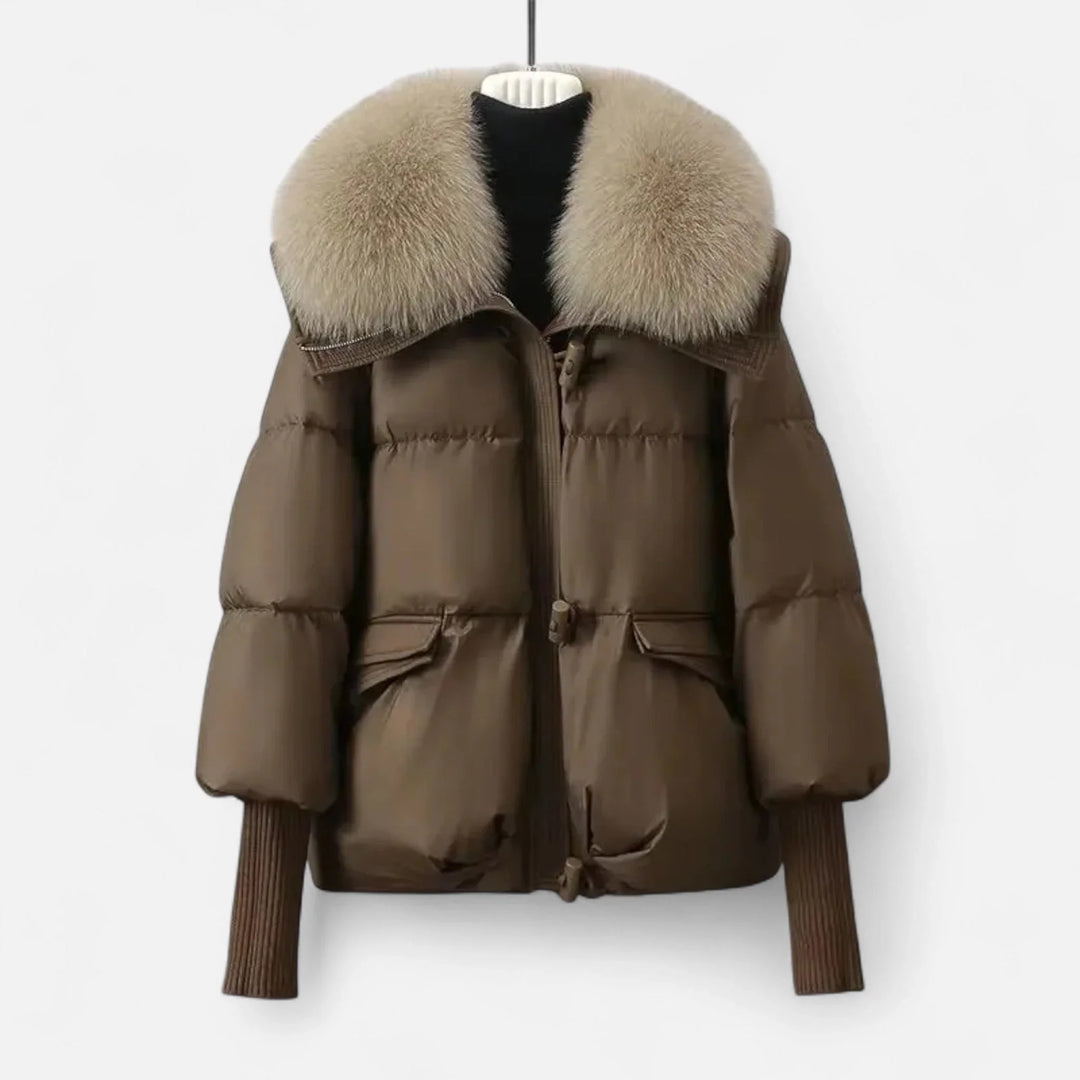 Women's blazer with faux fur collar and ribbed sleeves