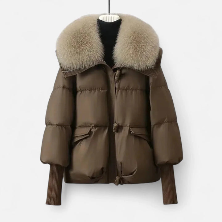 Women's blazer with faux fur collar and ribbed sleeves
