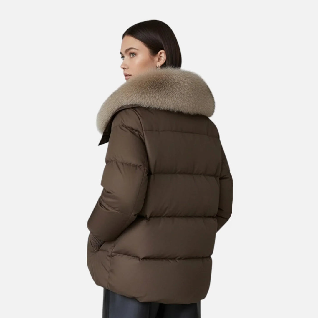 Women's blazer with faux fur collar and ribbed sleeves