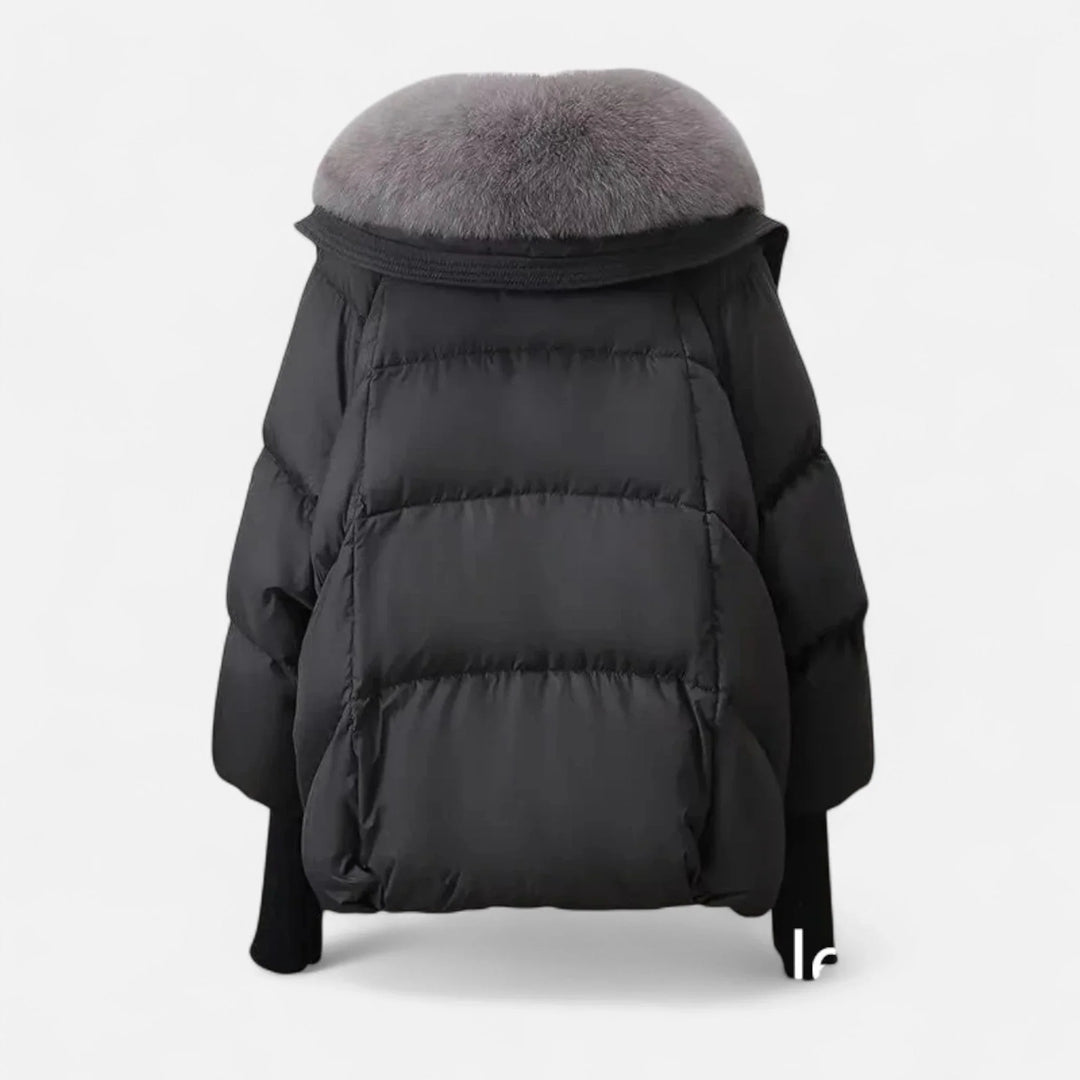 Women's blazer with faux fur collar and ribbed sleeves