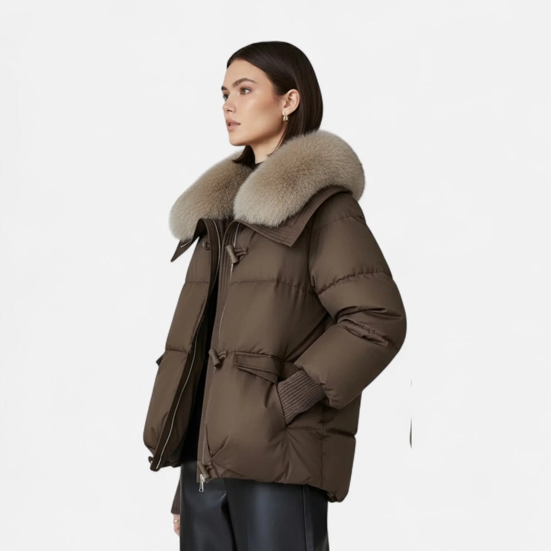 Women's blazer with faux fur collar and ribbed sleeves