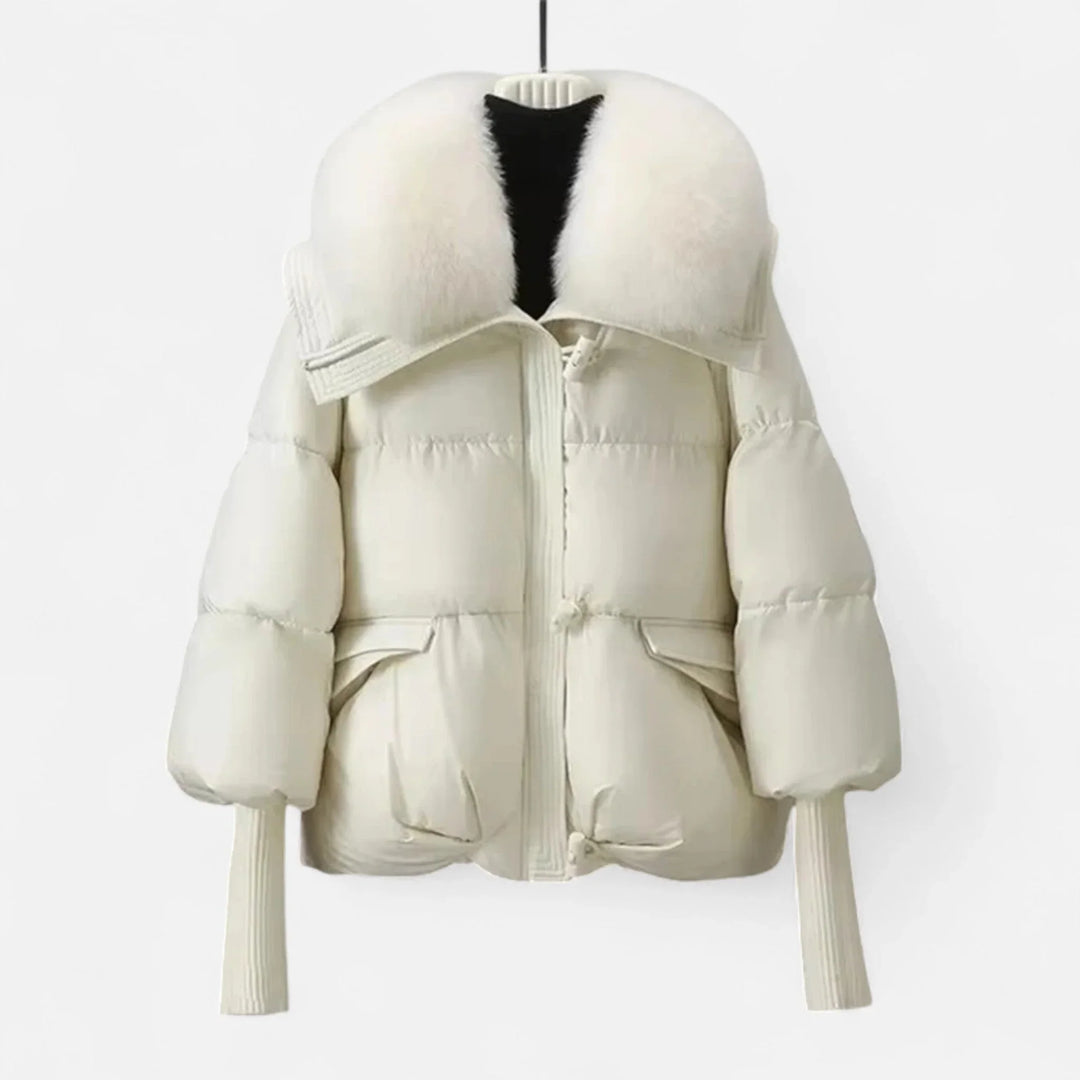Women's blazer with faux fur collar and ribbed sleeves