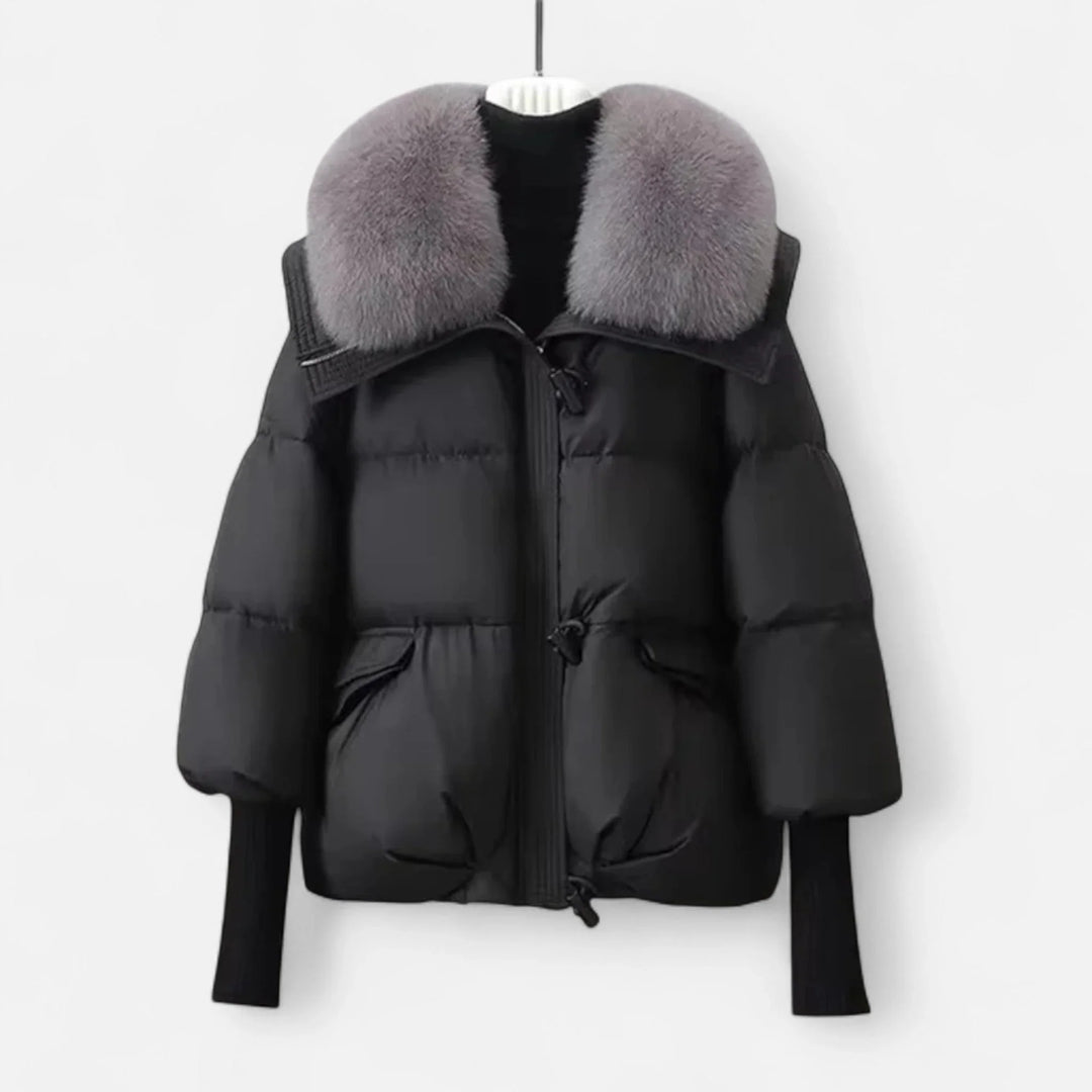 Women's blazer with faux fur collar and ribbed sleeves
