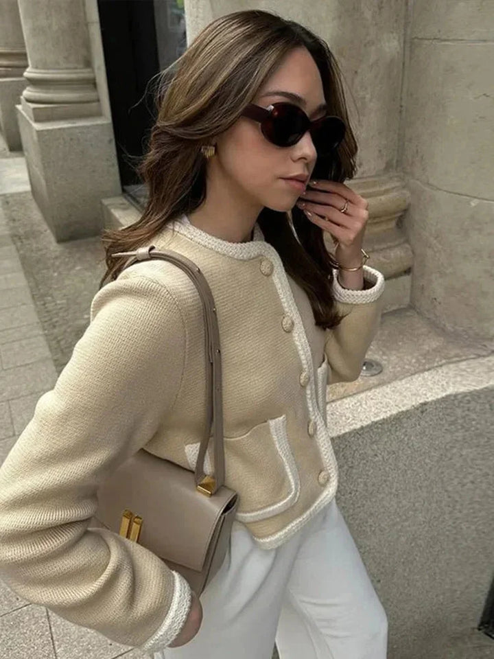 Short beige tweed women's blazer with buttons