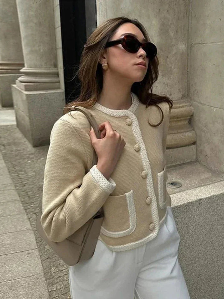 Short beige tweed women's blazer with buttons
