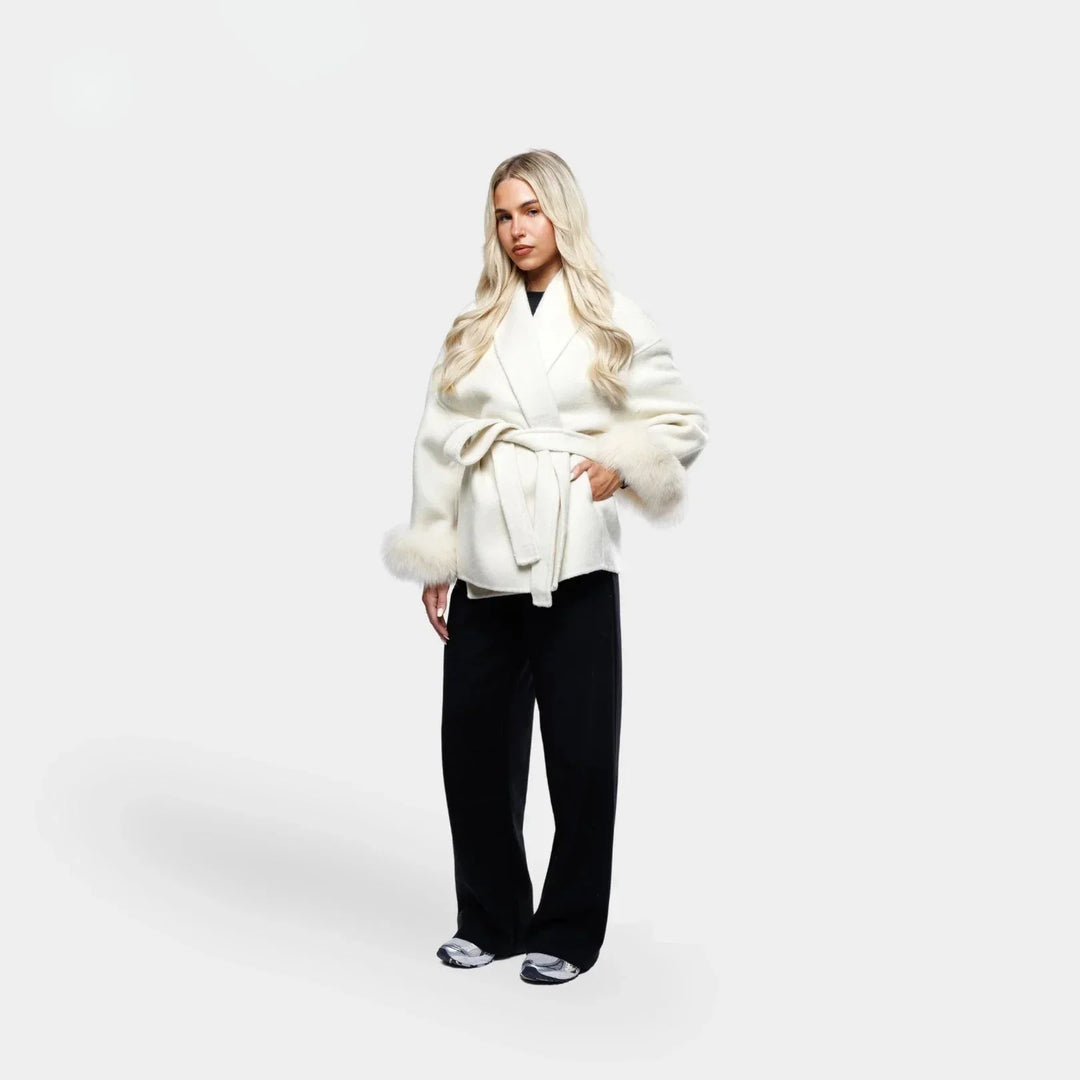 White belted blazer for women with synthetic fur sleeves