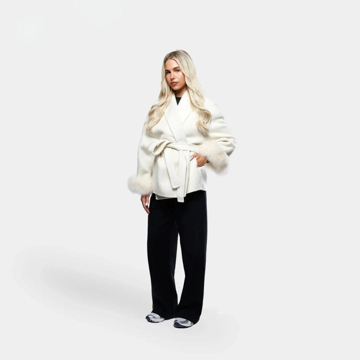 White belted blazer for women with synthetic fur sleeves