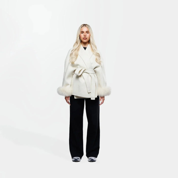 White belted blazer for women with synthetic fur sleeves
