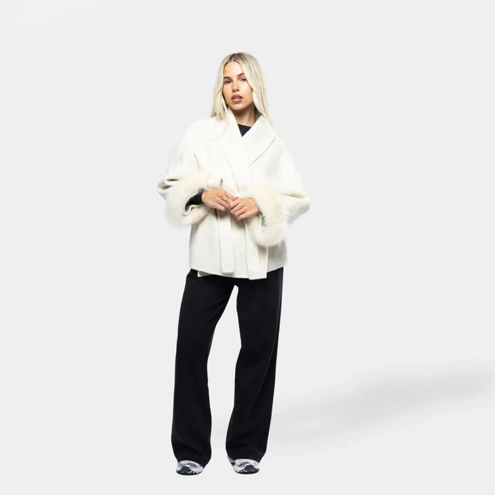White belted blazer for women with synthetic fur sleeves
