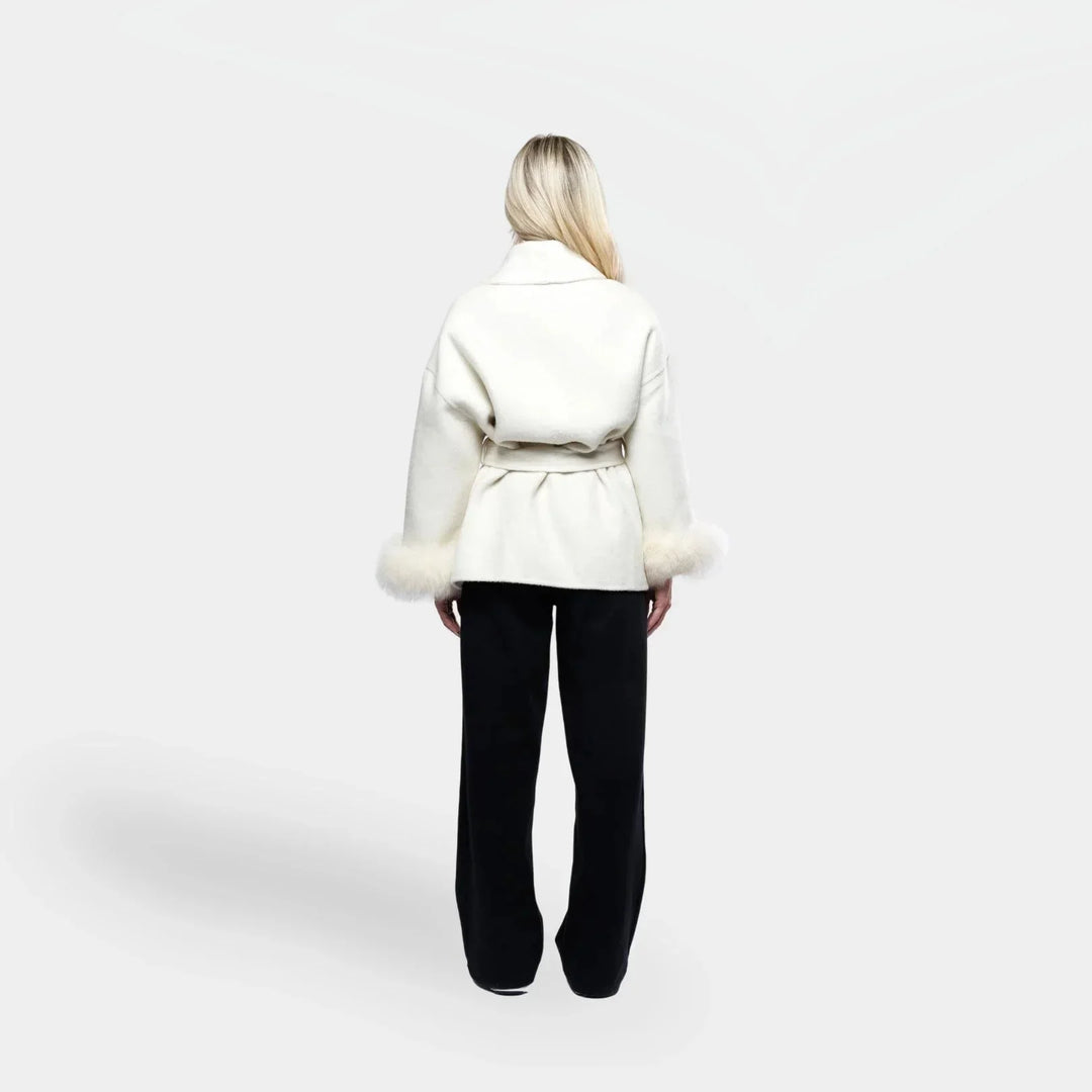 White belted blazer for women with synthetic fur sleeves
