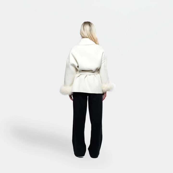 White belted blazer for women with synthetic fur sleeves