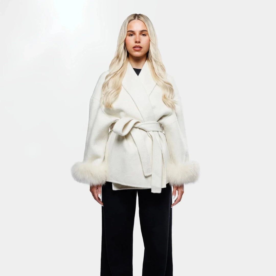 White belted blazer for women with synthetic fur sleeves