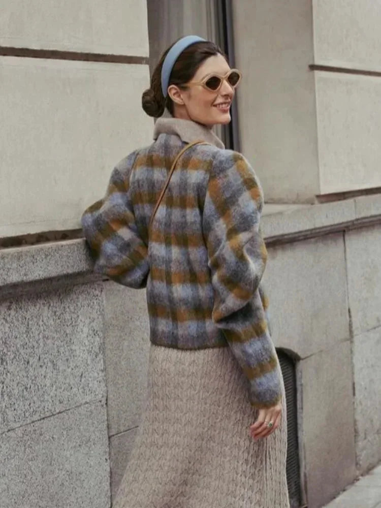 Women's Checked Blazer with Grey Puff Sleeves