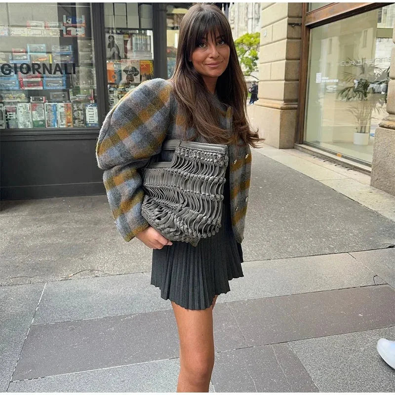 Women's Checked Blazer with Grey Puff Sleeves