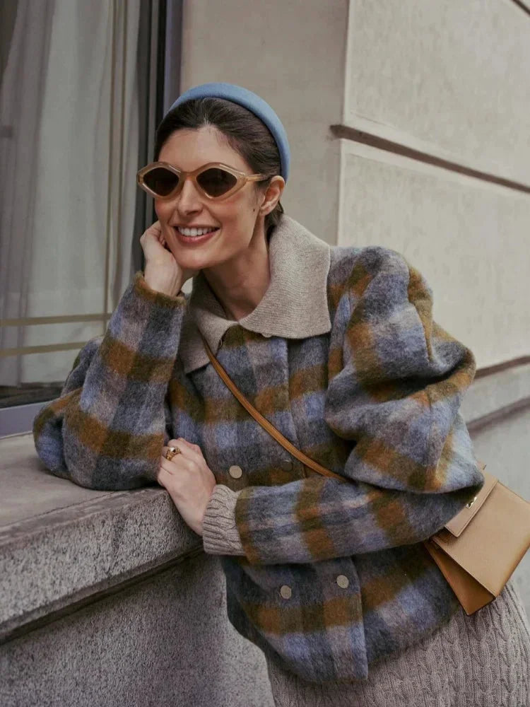 Women's Checked Blazer with Grey Puff Sleeves