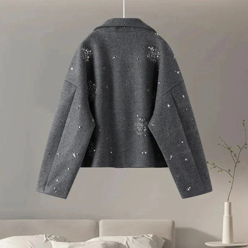 Women's gray high-collar blazer with embroidery and batwing sleeves