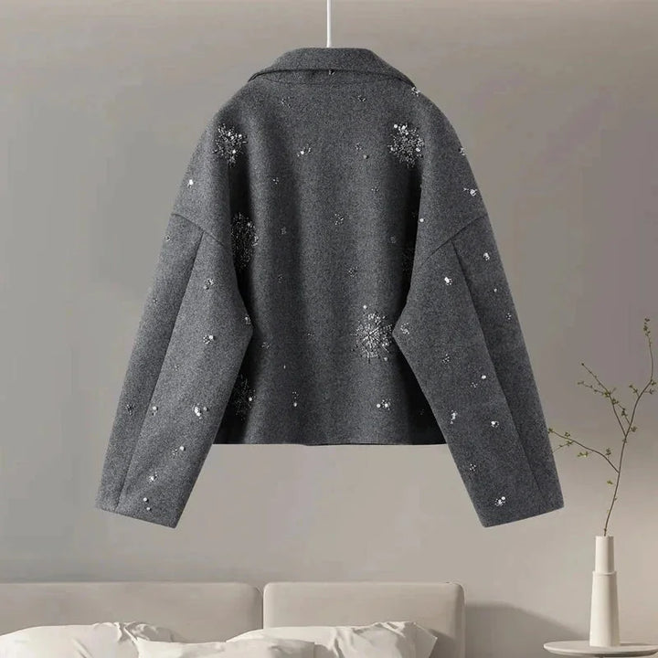 Women's gray high-collar blazer with embroidery and batwing sleeves