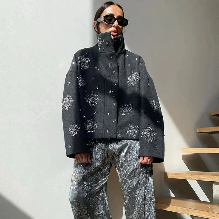 Women's gray high-collar blazer with embroidery and batwing sleeves