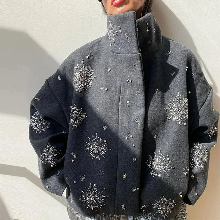 Women's gray high-collar blazer with embroidery and batwing sleeves