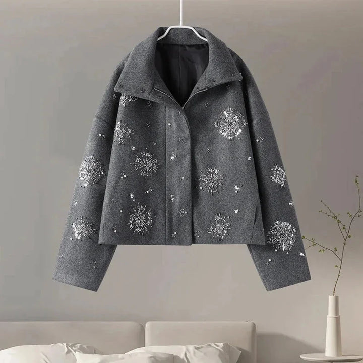 Women's gray high-collar blazer with embroidery and batwing sleeves