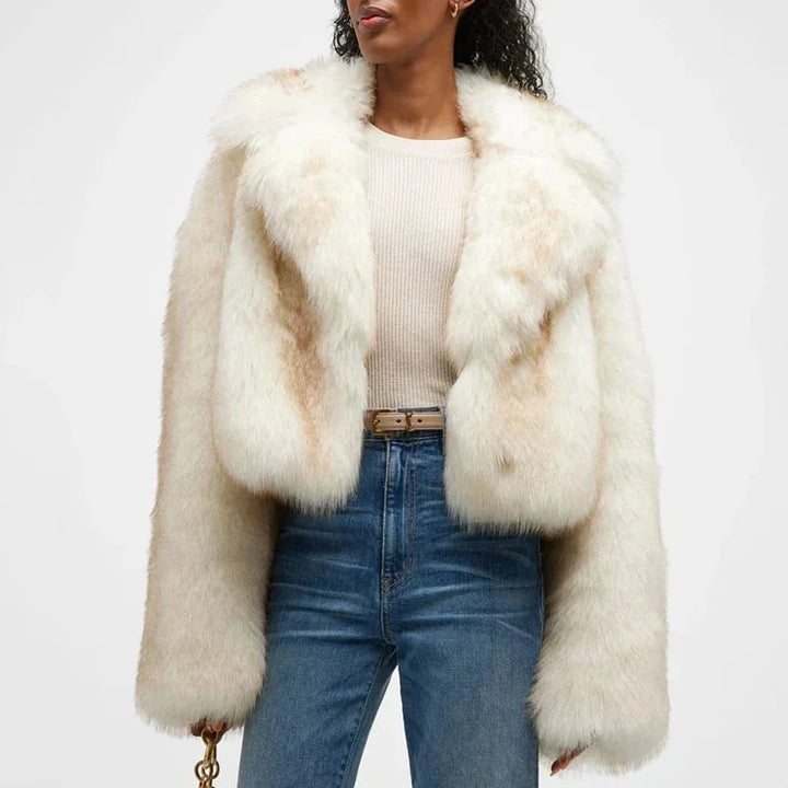 Ivory Faux Fur Blazer for Women with Wide Collar