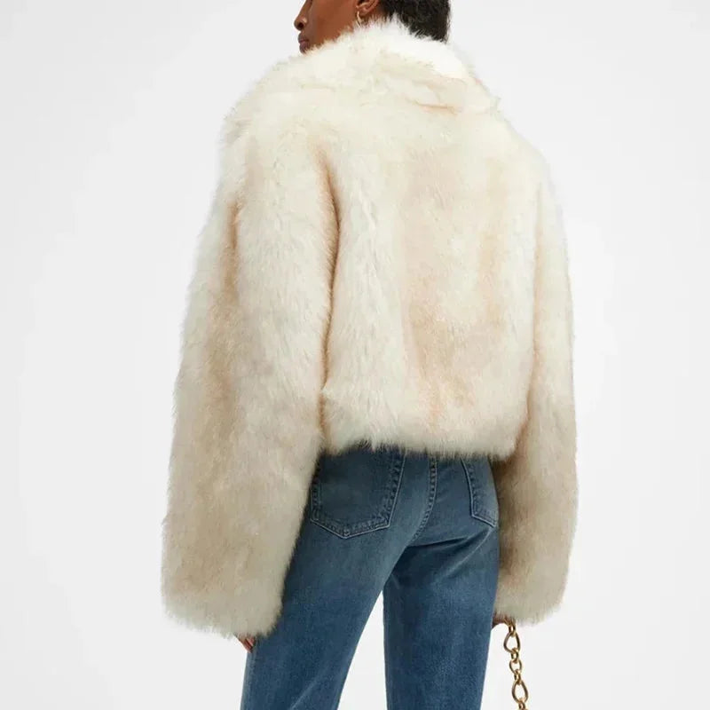 Ivory Faux Fur Blazer for Women with Wide Collar