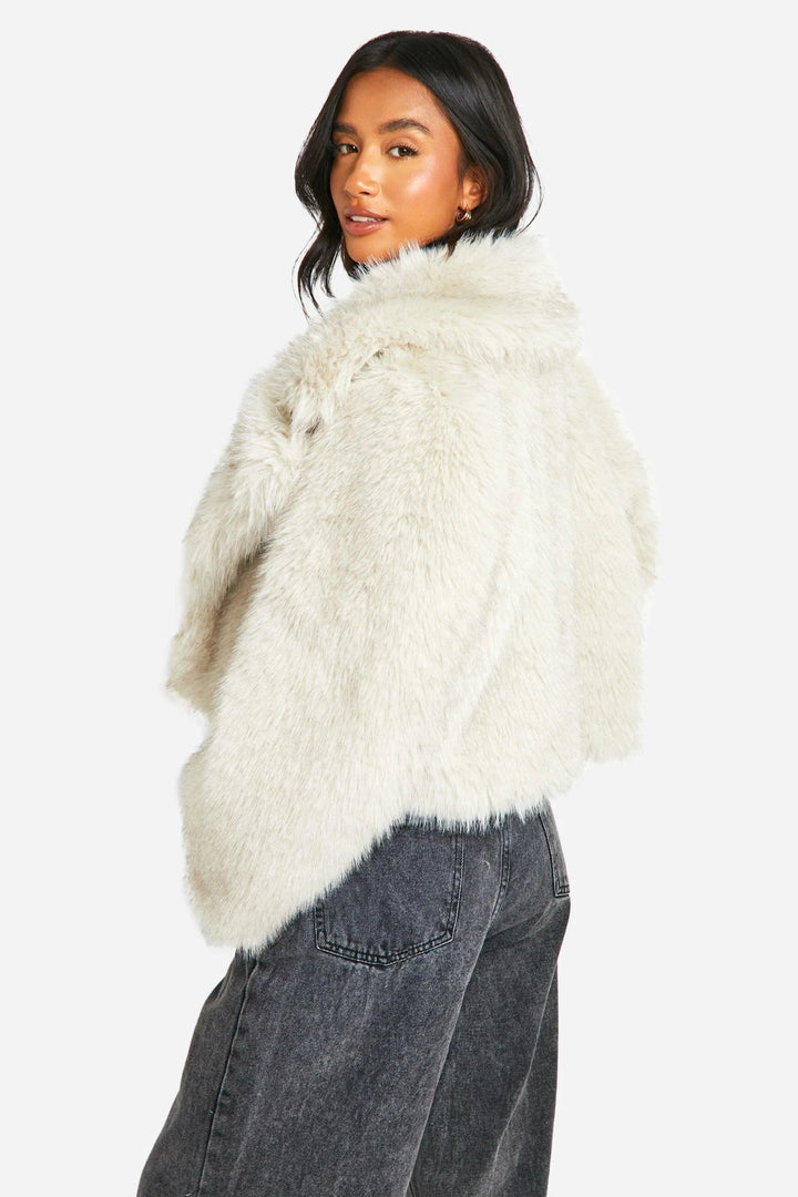 Ivory Faux Fur Blazer for Women with Wide Collar