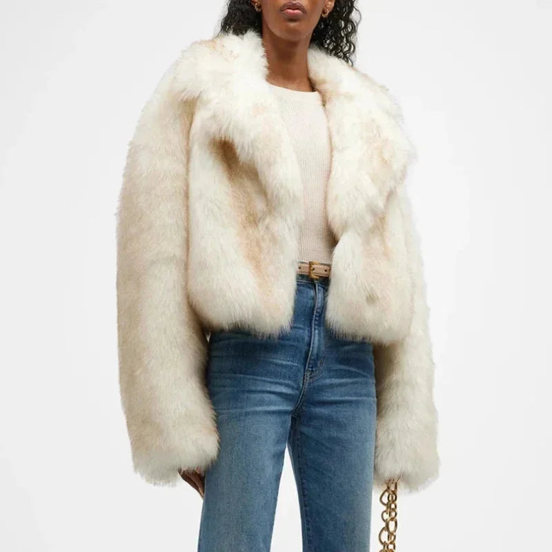 Ivory Faux Fur Blazer for Women with Wide Collar