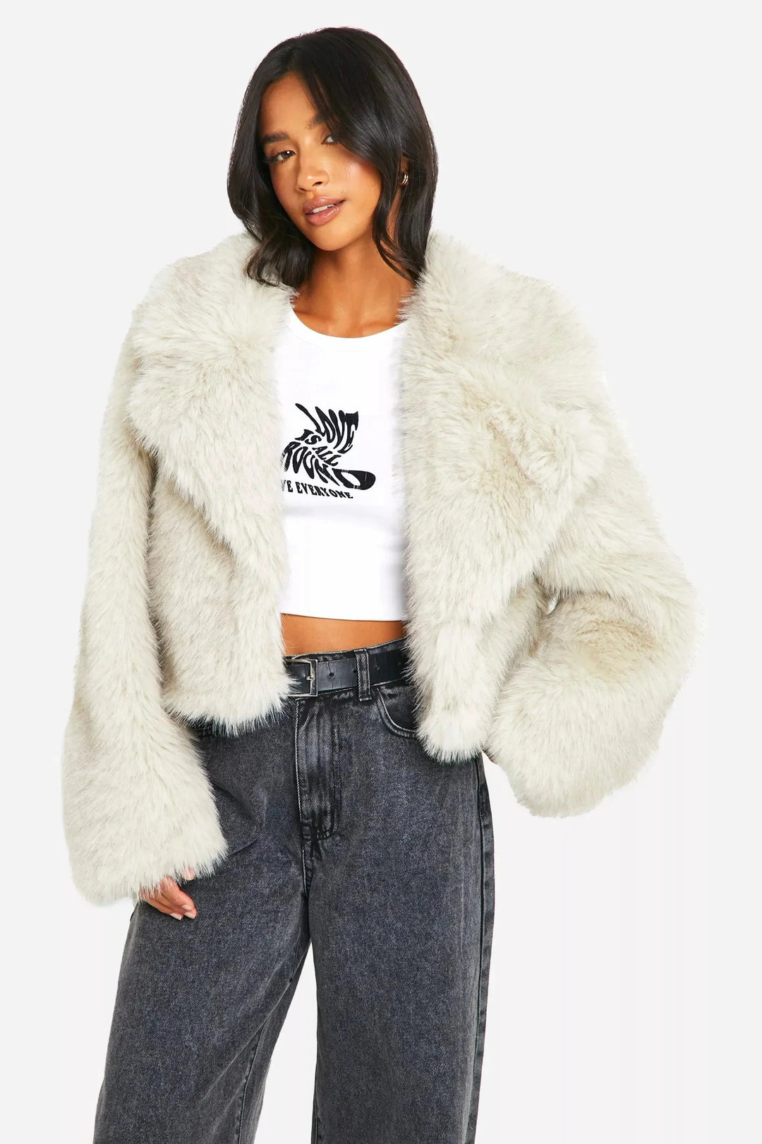 Ivory Faux Fur Blazer for Women with Wide Collar