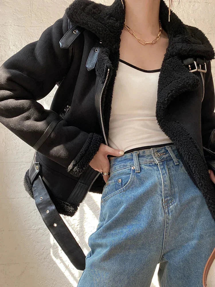 Women's suedette blazer with shearling-effect lining