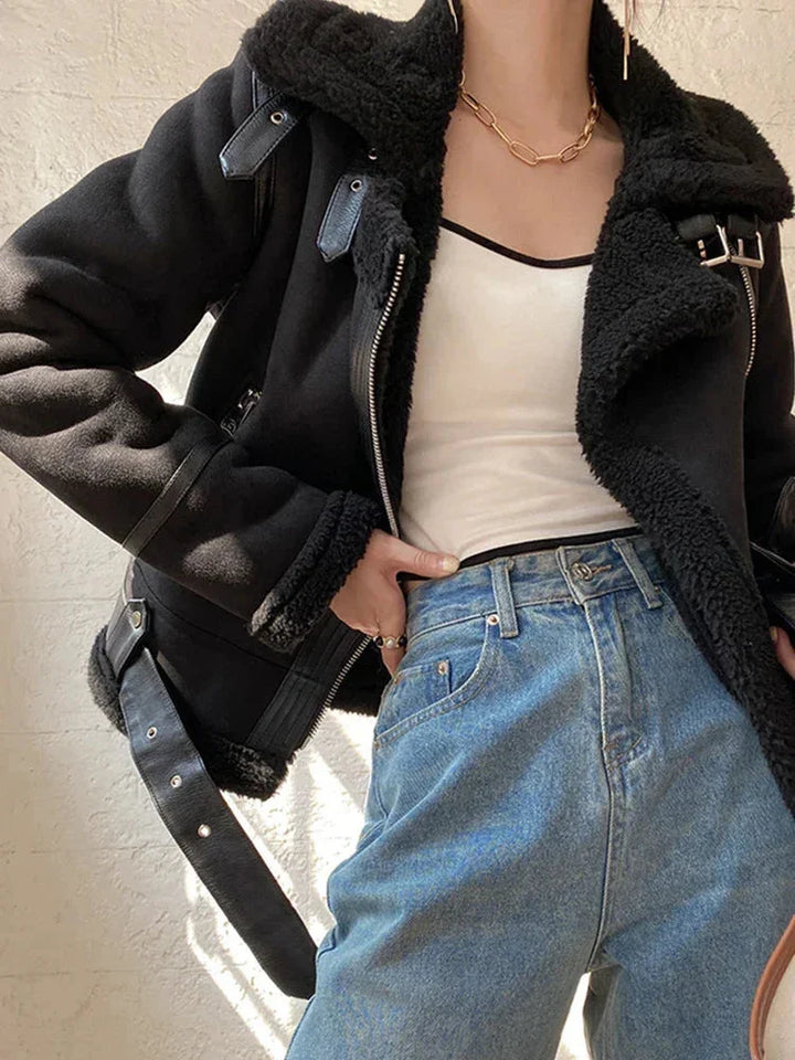 Women's suedette blazer with shearling-effect lining