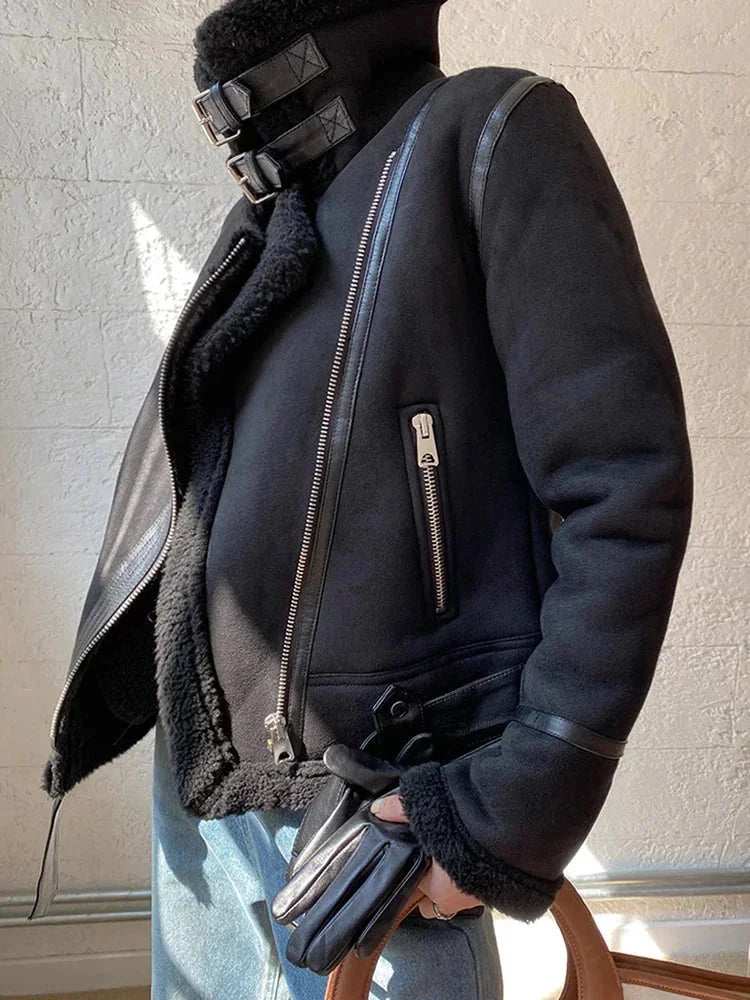 Women's suedette blazer with shearling-effect lining