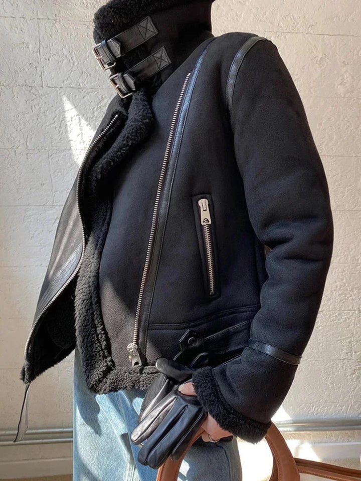 Women's suedette blazer with shearling-effect lining