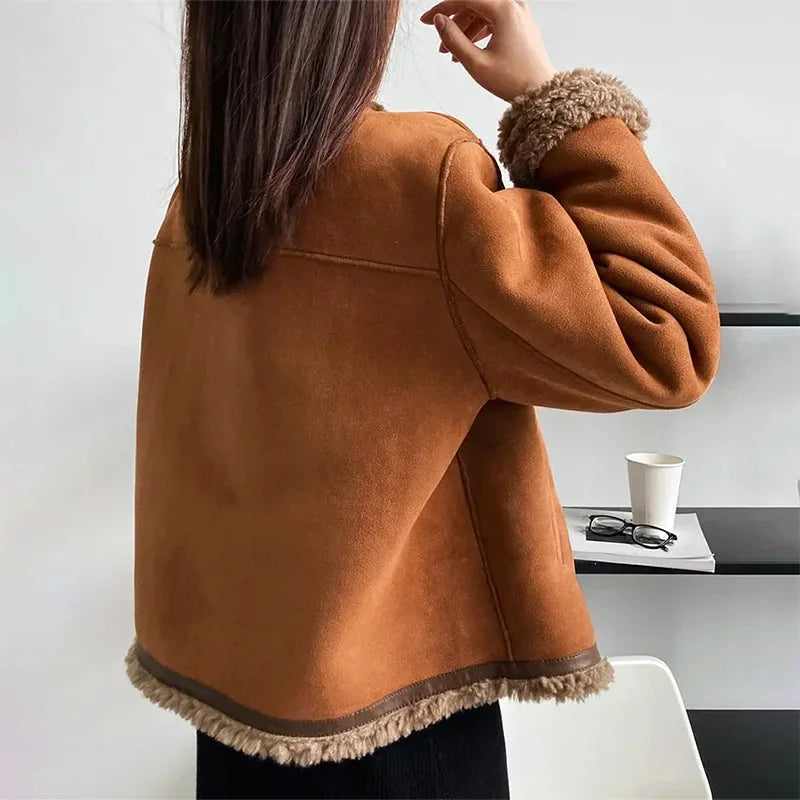 Brown Suedette Blazer for Women with Front Buttons