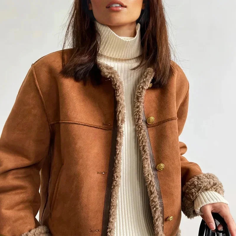 Brown Suedette Blazer for Women with Front Buttons