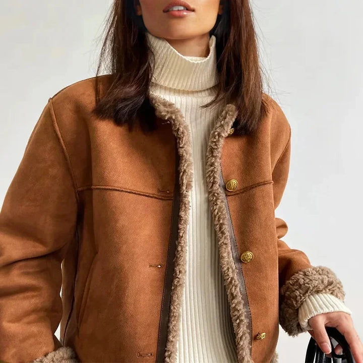 Brown Suedette Blazer for Women with Front Buttons