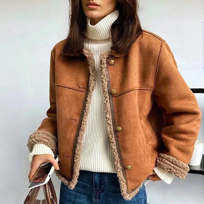 Brown Suedette Blazer for Women with Front Buttons
