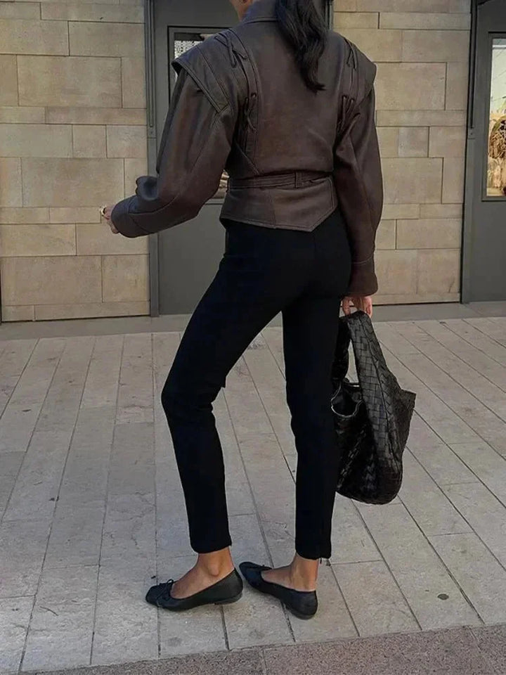 Dark brown belted women's blazer with a tailored fit