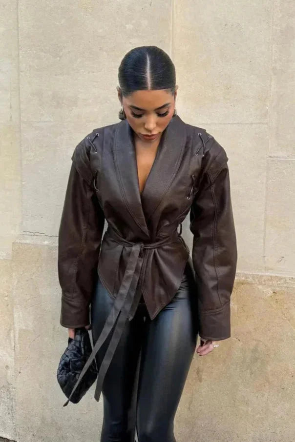 Dark brown belted women's blazer with a tailored fit