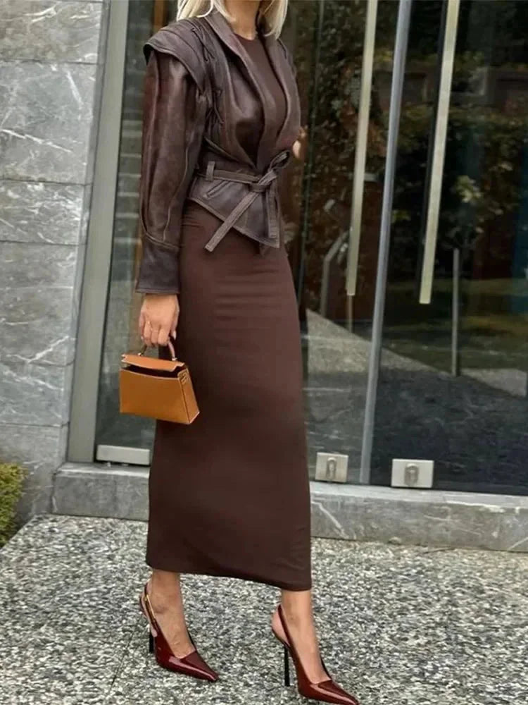 Dark brown belted women's blazer with a tailored fit