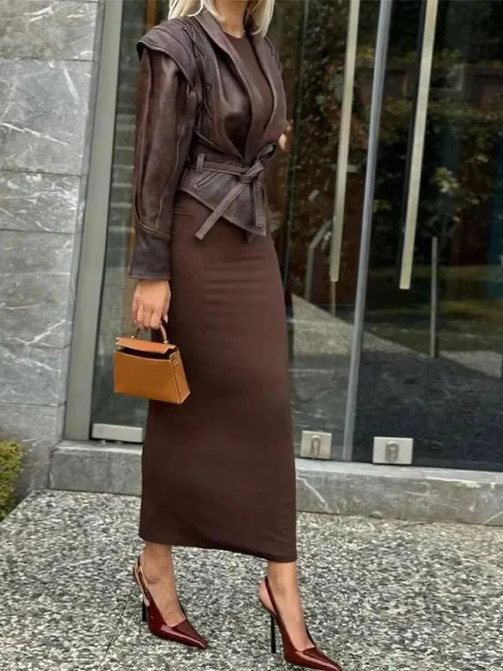 Dark brown belted women's blazer with a tailored fit