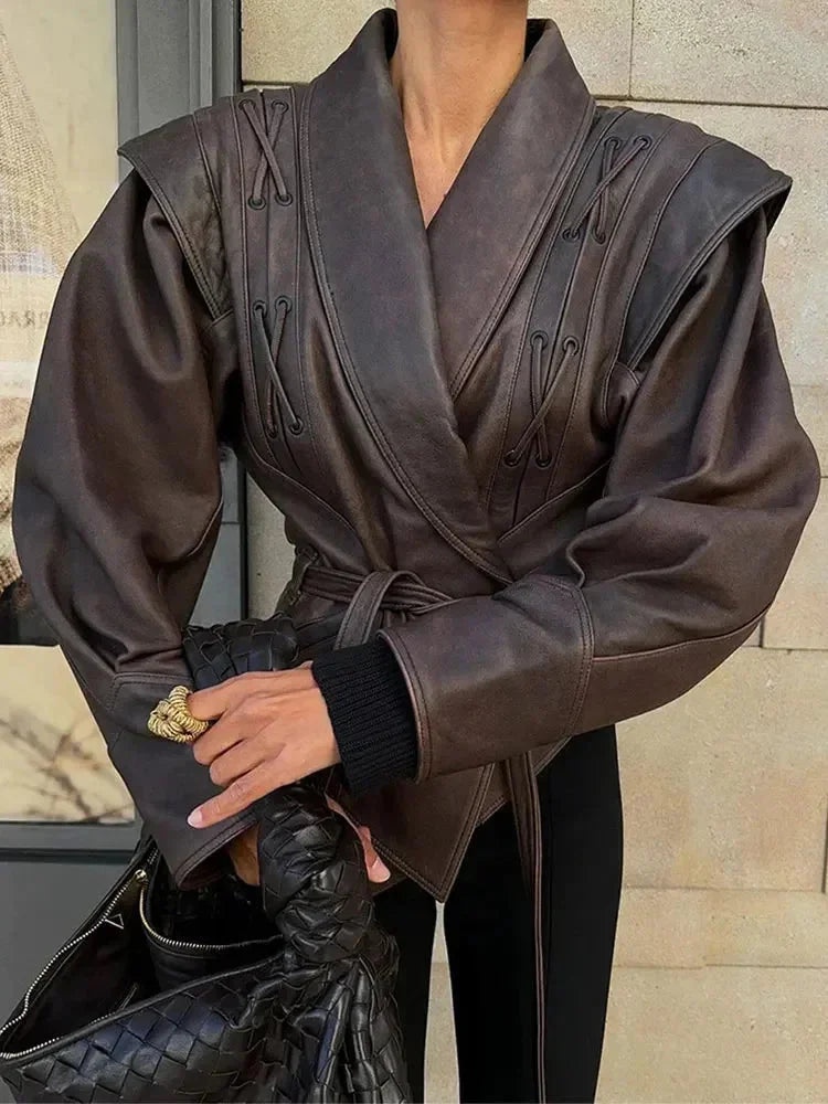 Dark brown belted women's blazer with a tailored fit