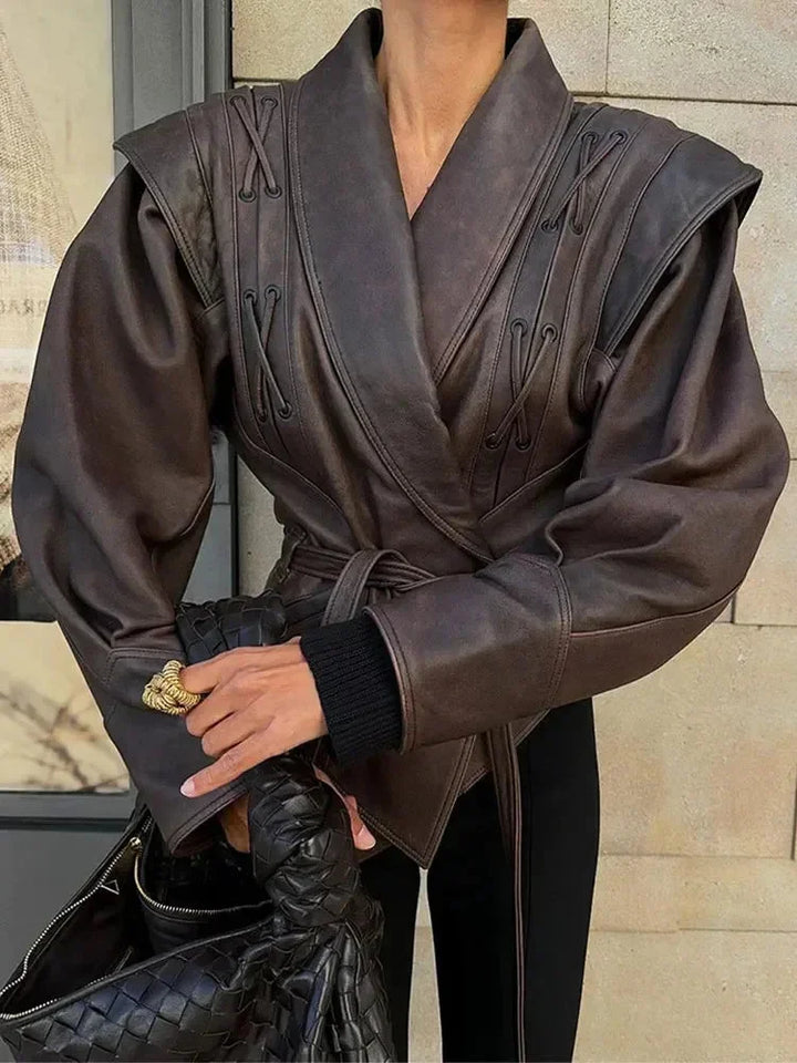 Dark brown belted women's blazer with a tailored fit