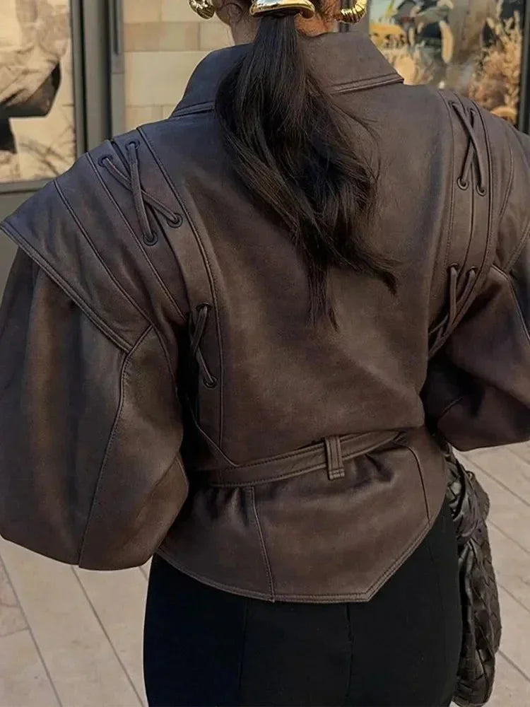 Dark brown belted women's blazer with a tailored fit