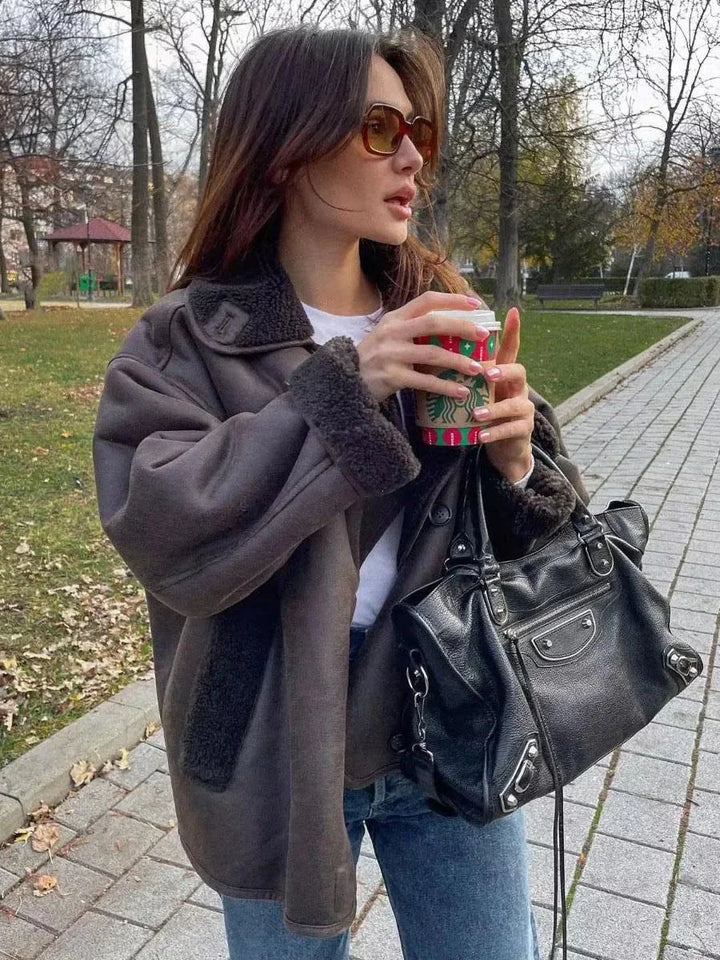 Dark brown blazer for women with shearling effect and large lapels