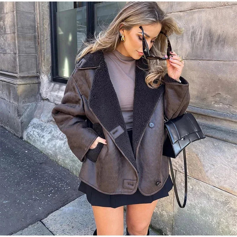 Dark brown blazer for women with shearling effect and large lapels