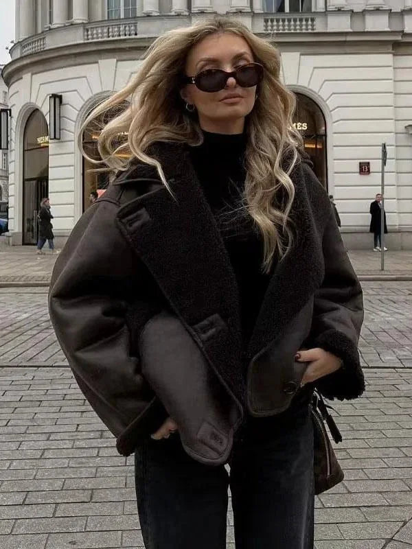 Dark brown blazer for women with shearling effect and large lapels