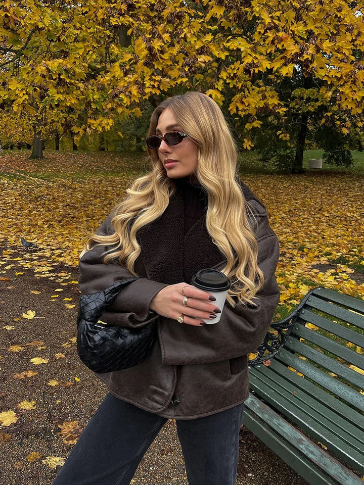 Oversized women's dark brown shearling-effect blazer